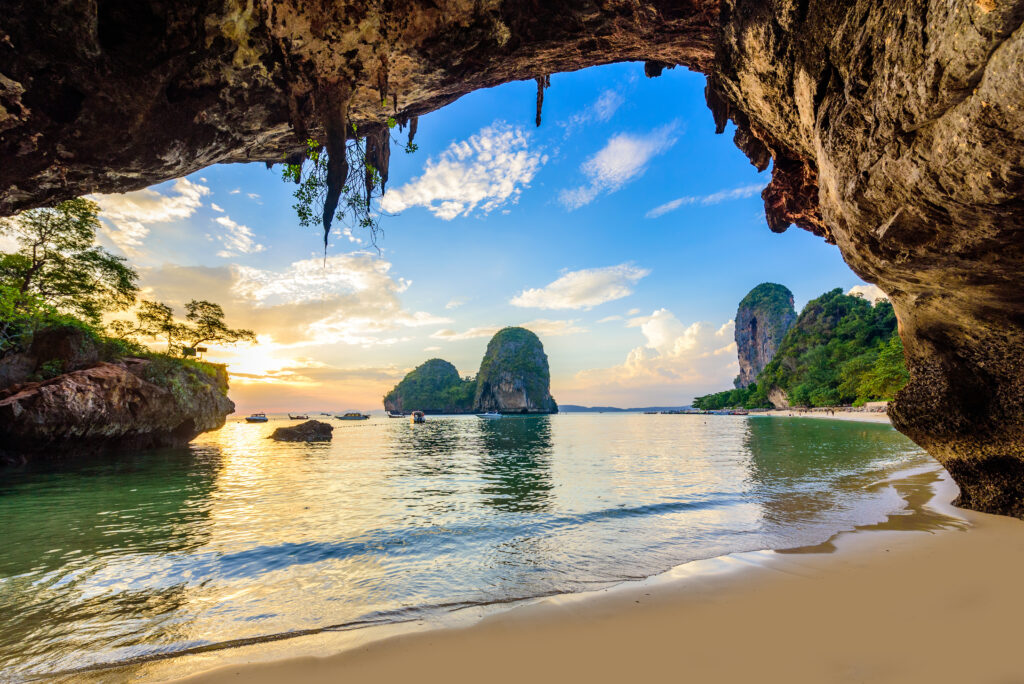 Phra Nang Cave Beach at sunset - Tropical coast scenery of Krabi